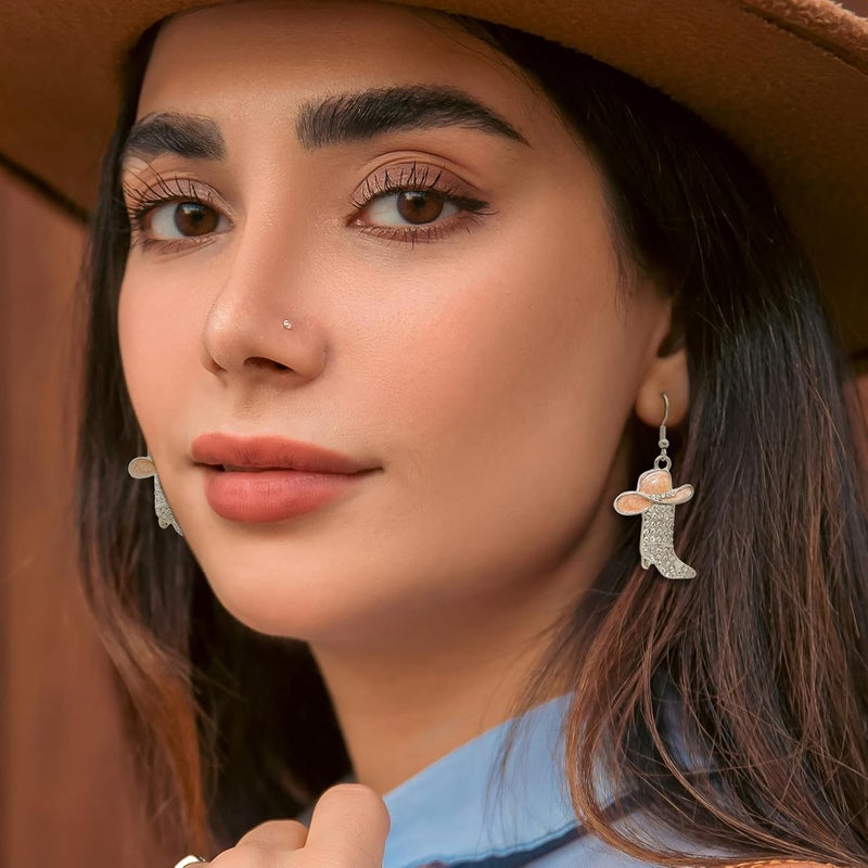 RechicGu Rhinestone Western Boots Earrings Cowgirl Cowboy Enamel Hat Bohemian Rodeo Boot Drop Dangle Earrings for Women - Image 2